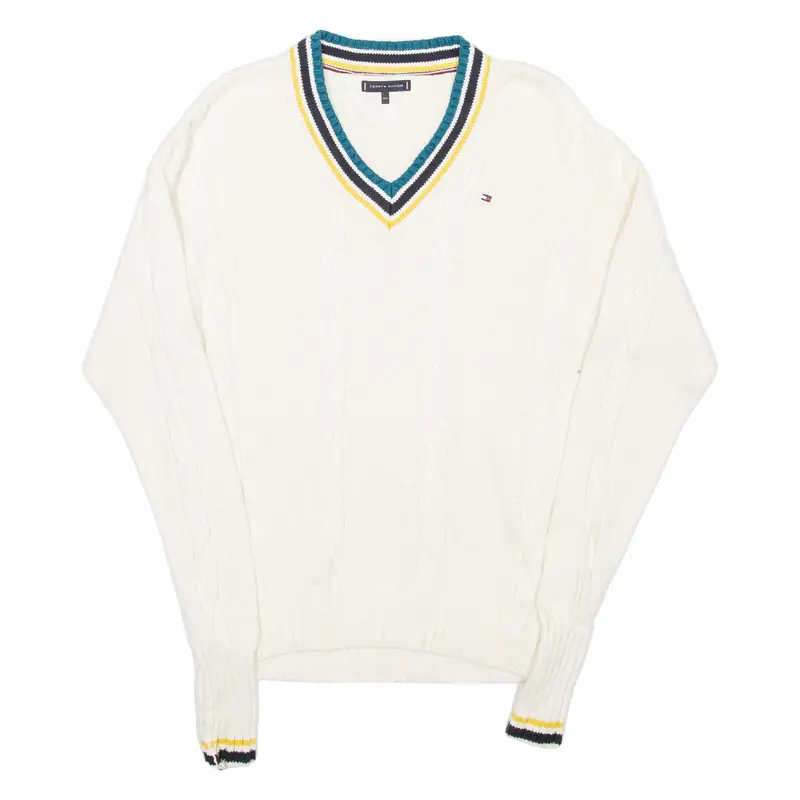 Tommy Hilfiger Womens Jumper White V-Neck Cable Knit M 1