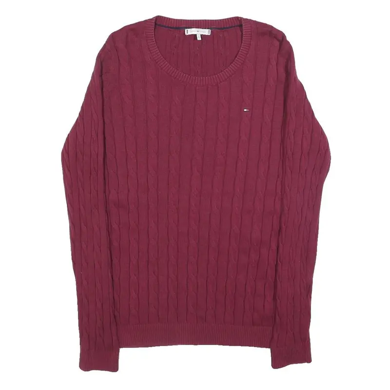 Tommy Hilfiger Womens Maroon Patterned Jumper Crew Neck Cable Knit M Cotton 1