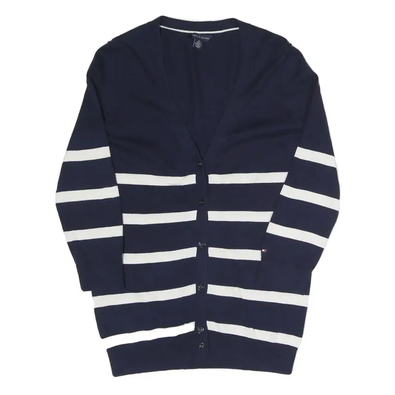 Tommy Hilfiger Womens Navy Blue & White Striped Patterned Button Up Jumper 1