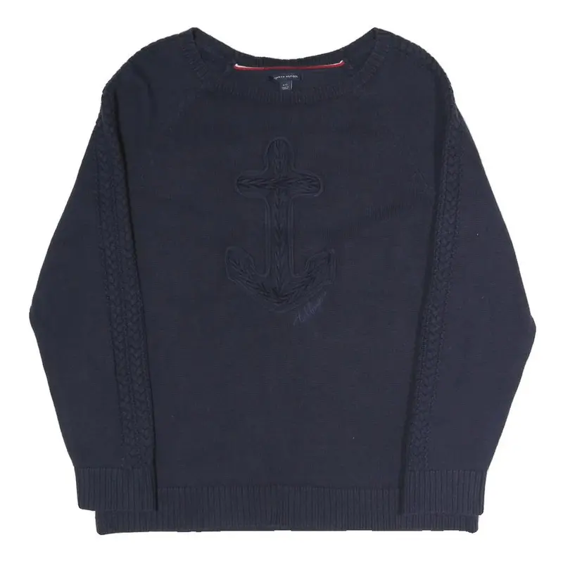 Tommy Hilfiger Womens Navy Plain Jumper Crew Neck Basic Knit L Cotton Blend 1