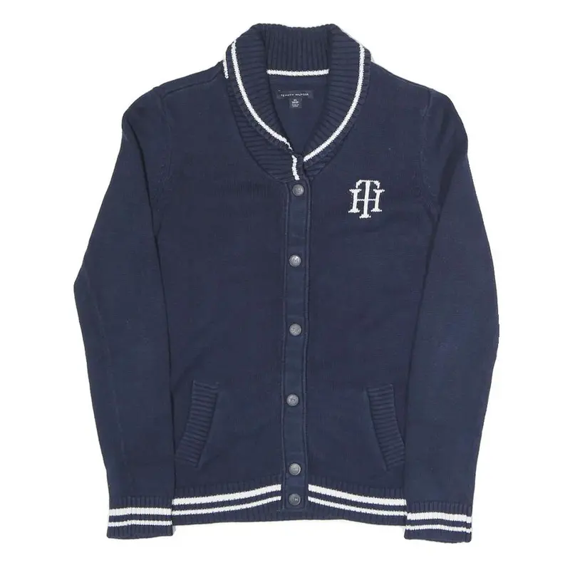Tommy Hilfiger Womens Navy & White Classic Button Up Patterned Crew Neck Chunky 1