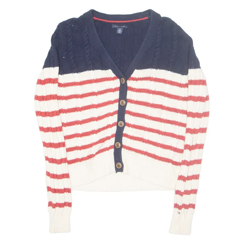 Tommy Hilfiger Womens Patterned Cardigan White Striped Button Neck Cable Knit S 1