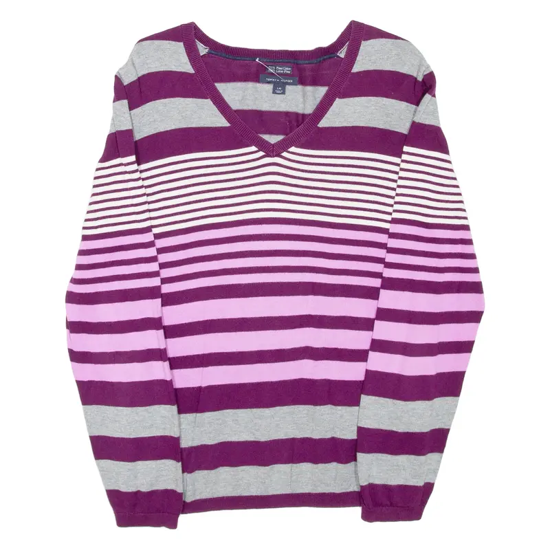 Tommy Hilfiger Womens Patterned Jumper Pink Striped V-Neck Tight Knit L 1