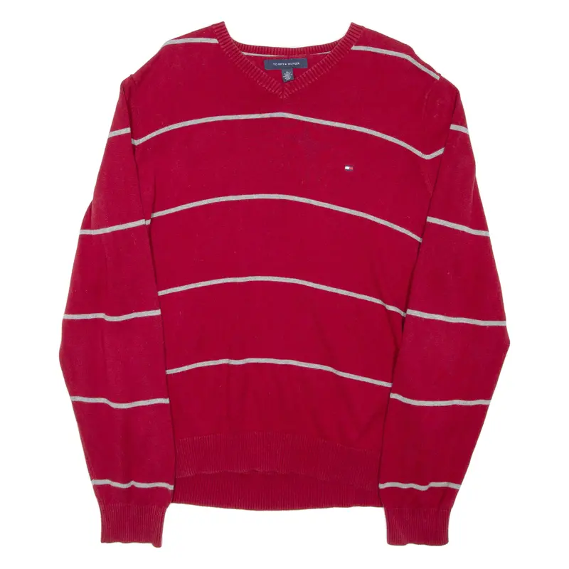 Tommy Hilfiger Womens Patterned Jumper Red Striped V-Neck Tight Knit Xl 1