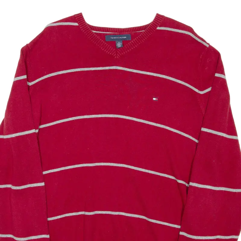 Tommy Hilfiger Womens Patterned Jumper Red Striped V-Neck Tight Knit Xl 2