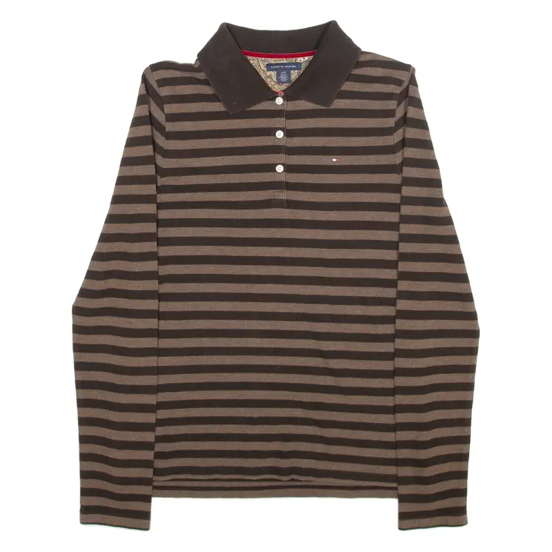 Tommy Hilfiger Womens Polo Shirt Brown Striped Long Sleeve L 1