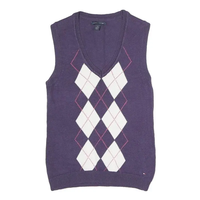 Tommy Hilfiger Womens Purple White Argyle Pattern Pullover V-Neck Jumper Xs 1