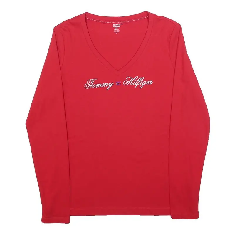 Tommy Hilfiger Womens Red Long Sleeve V-Neck Cotton T-Shirt M Embroidered Logo 1