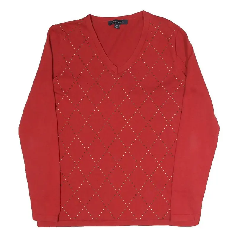Tommy Hilfiger Womens Red Patterned V-Neck Basic Knit Jumper M Stylish Soft Fit 1
