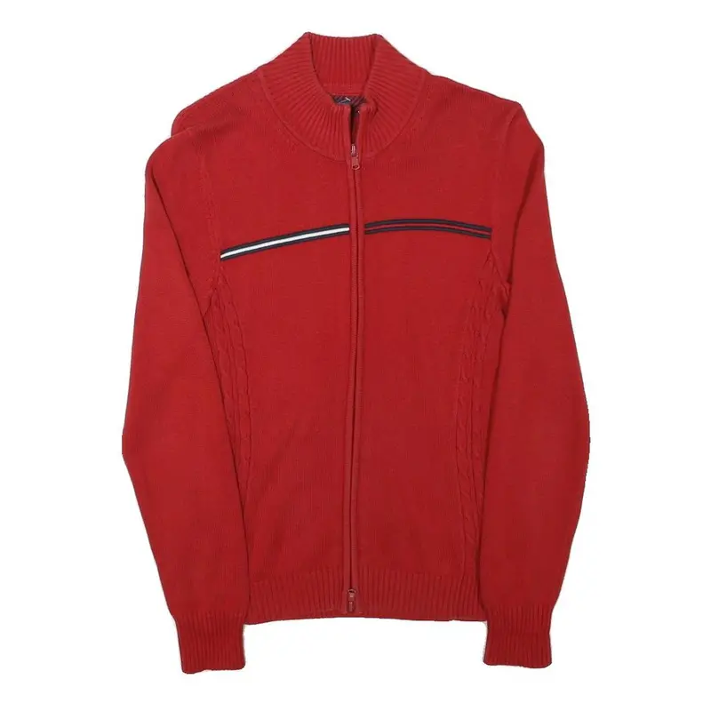 Tommy Hilfiger Womens Red Zip Up Patterned Crew Neck Basic Knit M Cotton Blend 1
