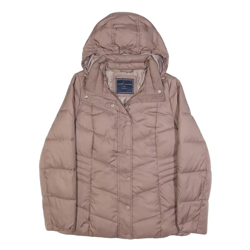 Tommy Hilfiger Womens Taupe Jacket M Polyester Quilted Puffer Zip Up Hooded 1