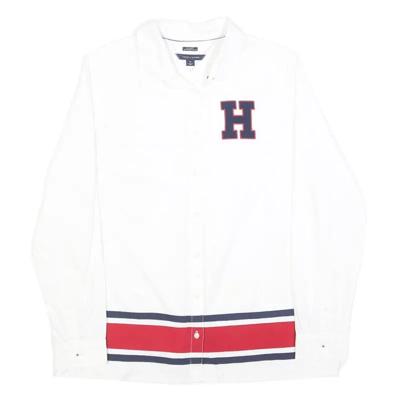 Tommy Hilfiger Womens White Red & Navy H Logo Cotton Shirt M Long Sleeve Button 1