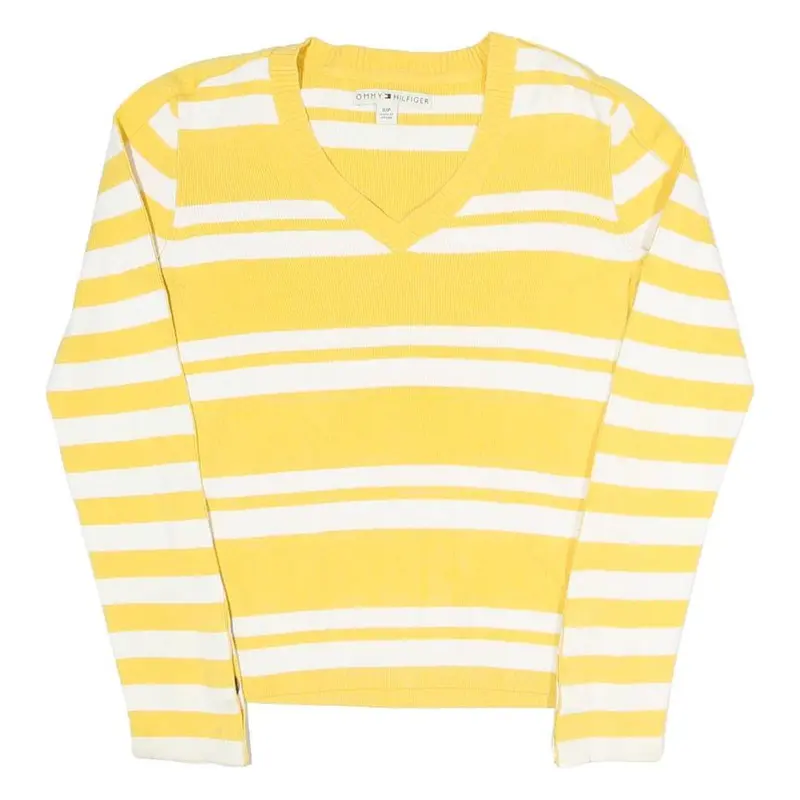 Tommy Hilfiger Womens Yellow & White Patterned Cotton Blend V-Neck Jumper S 1