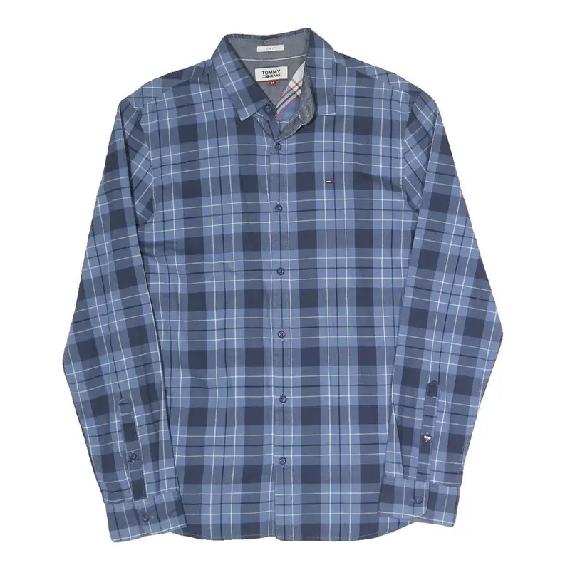 Tommy Jeans Mens Blue Check Shirt M Cotton Blend Button Collar Long Sleeve 1