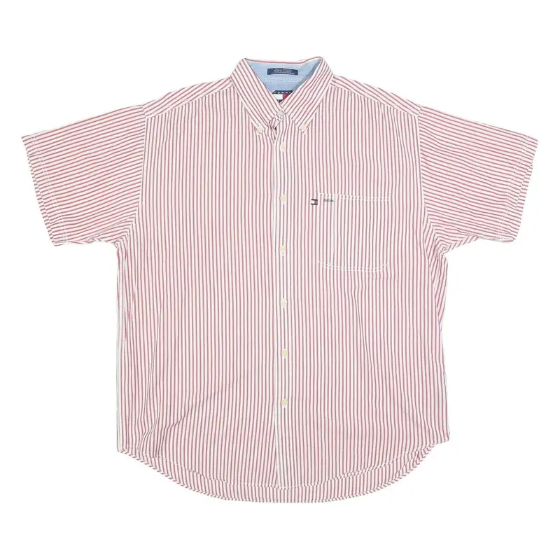 Tommy Jeans Mens Red & White Stripe Shirt L Button Down Chest Pocket Casual 1