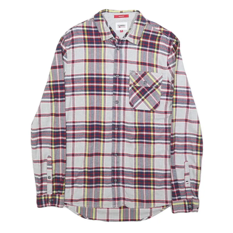 Tommy Jeans Mens White & Navy Check Shirt M Cotton Long Sleeve Button Pocket 1