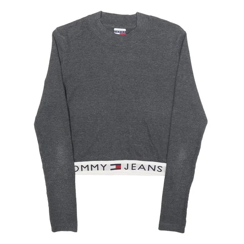 Tommy Jeans Womens Grey Plain Crew Neck Basic Knit Jumper S Logo Band Bottom 1