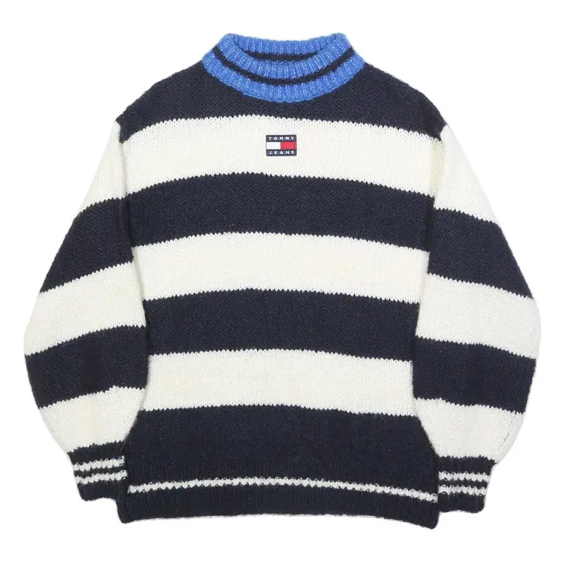 Tommy Jeans Womens Navy & White Striped Jumper Crew Neck Chunky Knit Xxs Wool 1