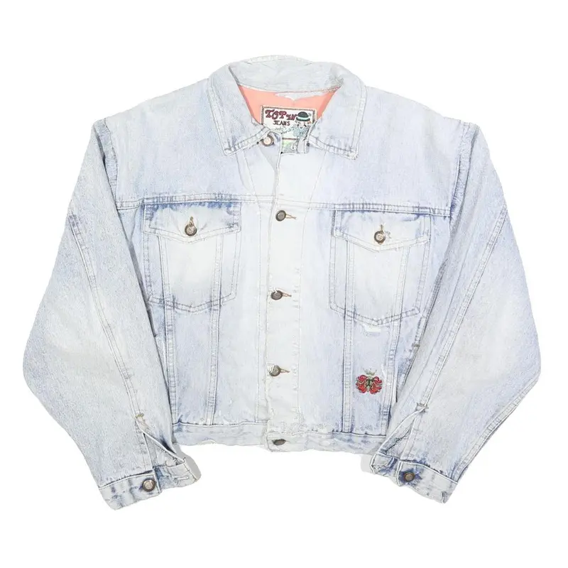 Top In Jeans Womens Blue Denim Jacket M Cotton Blend Floral Panel Button Closure 1