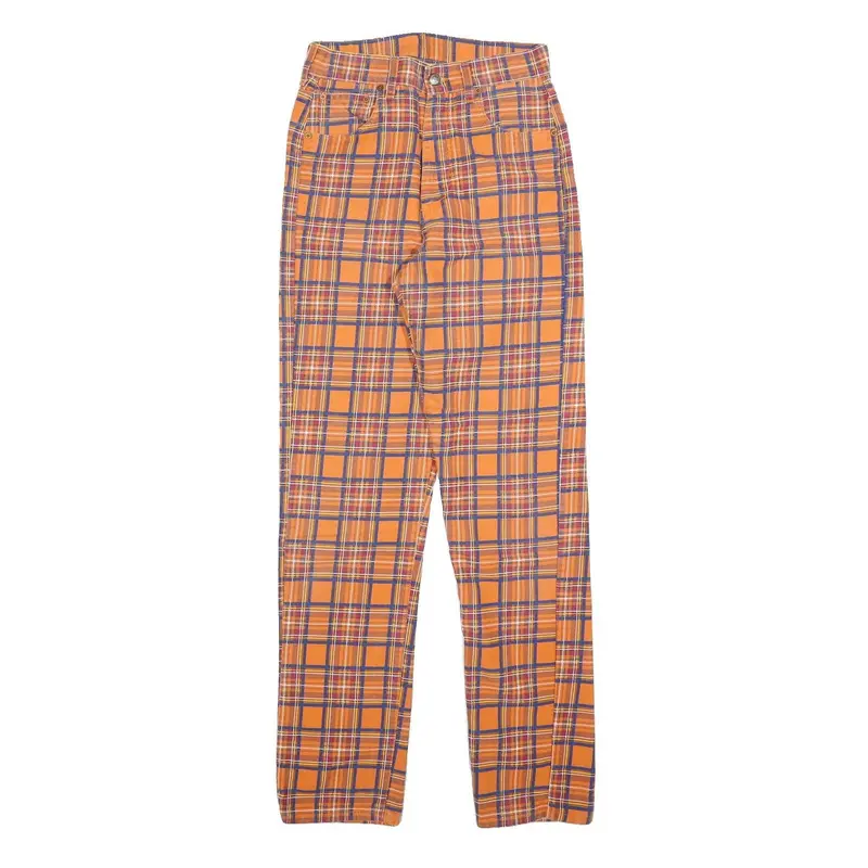 Top In Womens Cotton Blend Orange & Purple Tartan Slim Straight Trousers W26 L32 1