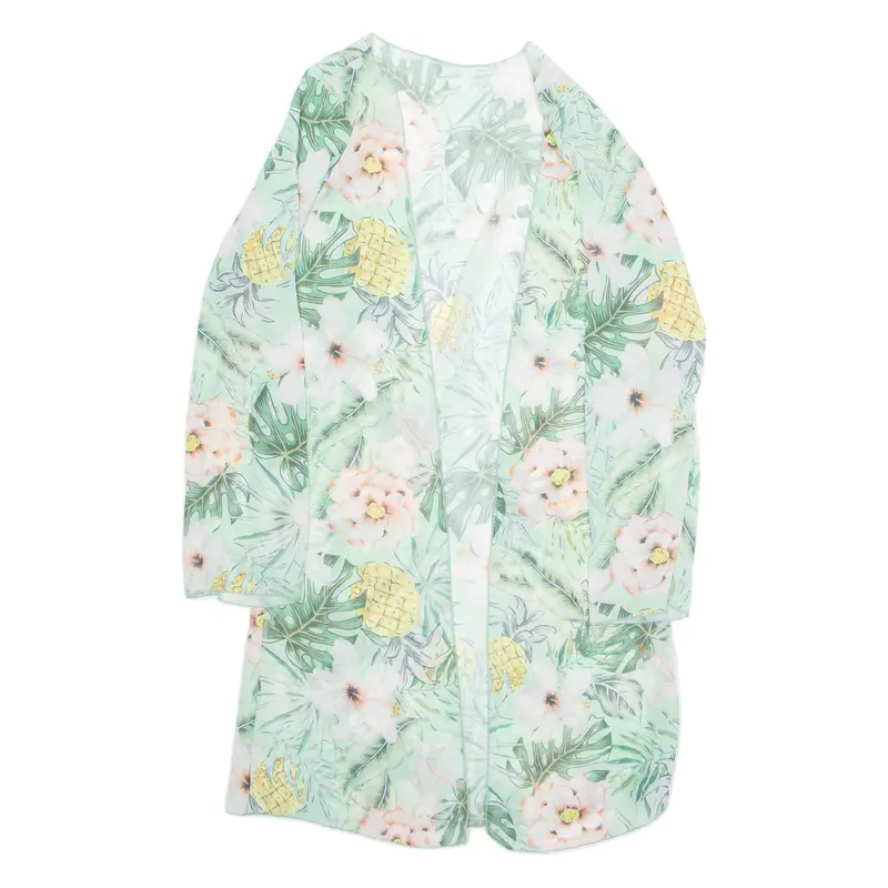 Top Womens Kimono Blouse Green Long Sleeve Floral M 1