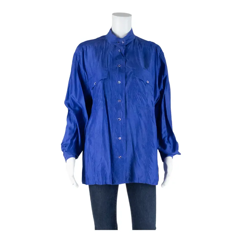 Touch Silk Womens Blouse Blue High Neck Long Sleeve Faux Silk L 1