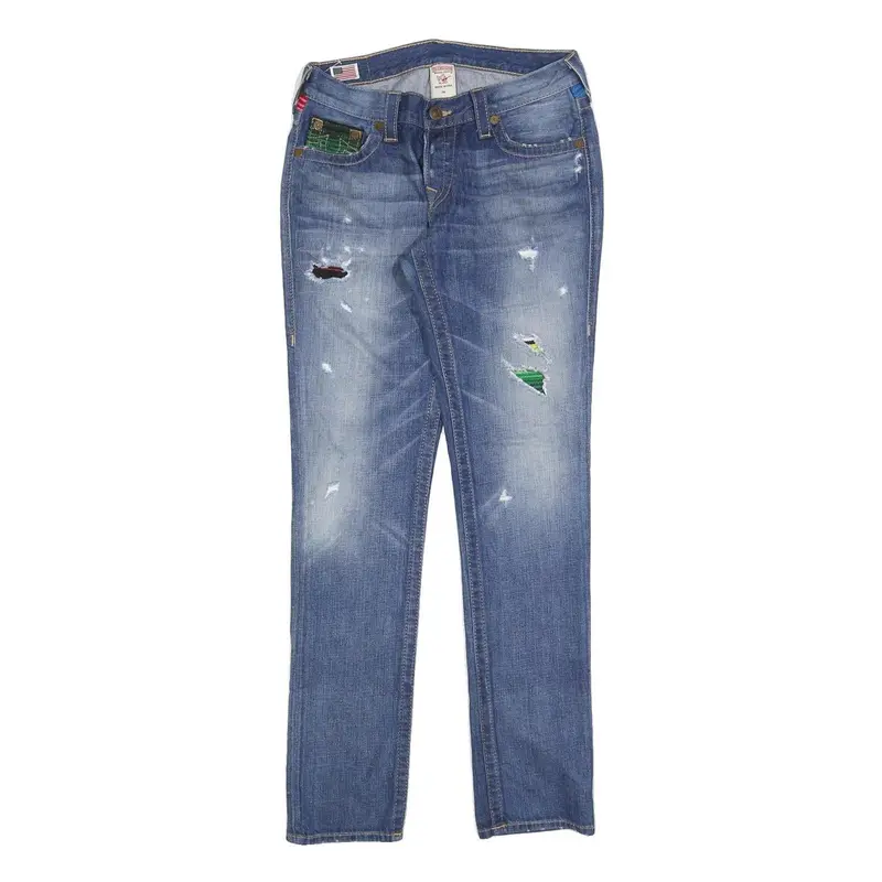 True Religion Womens Slim Blue Denim Light Wash Jeans W30 L32 Distressed Patches 1