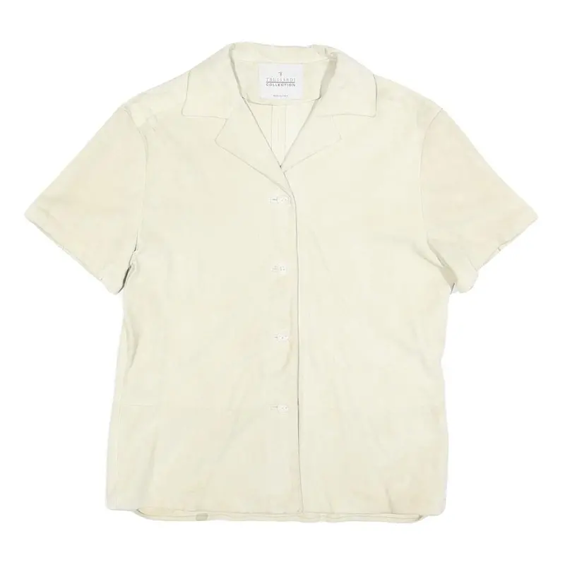 Trussardi Womens Cream Suede Short Sleeve Shirt S Classic Casual Button Front 1