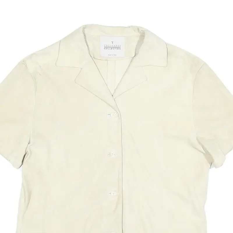 Trussardi Womens Cream Suede Short Sleeve Shirt S Classic Casual Button Front 2