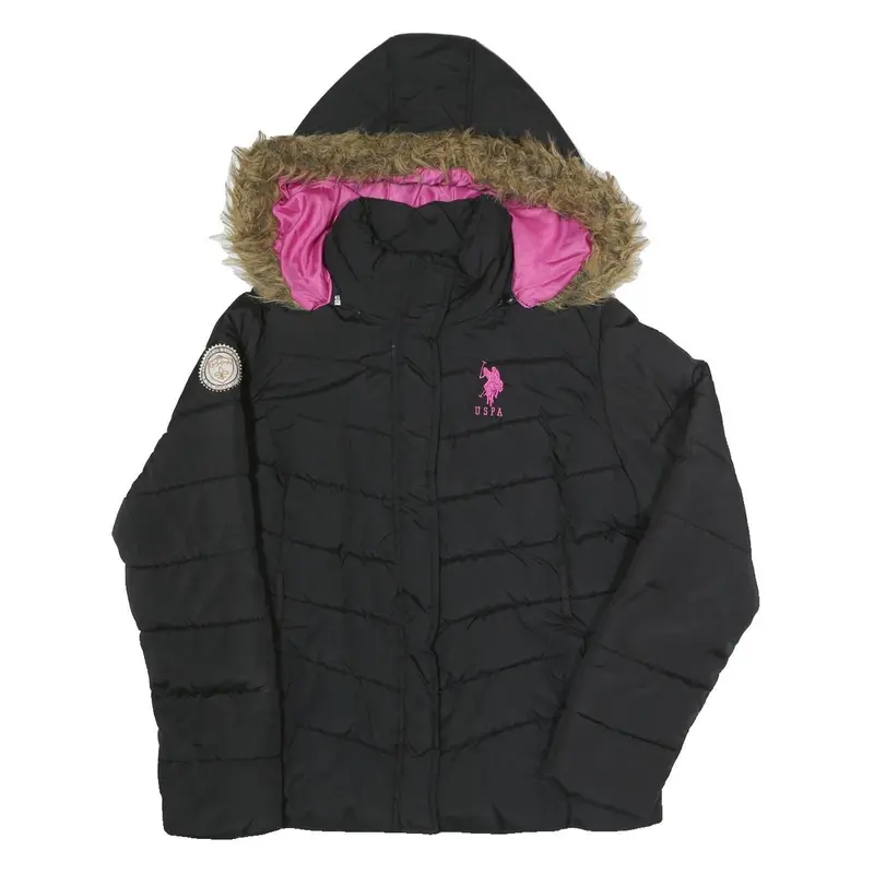 U.S. Polo Assn Womens Black Jacket L Polyester Puffer Zip Hooded Pink Logo 1