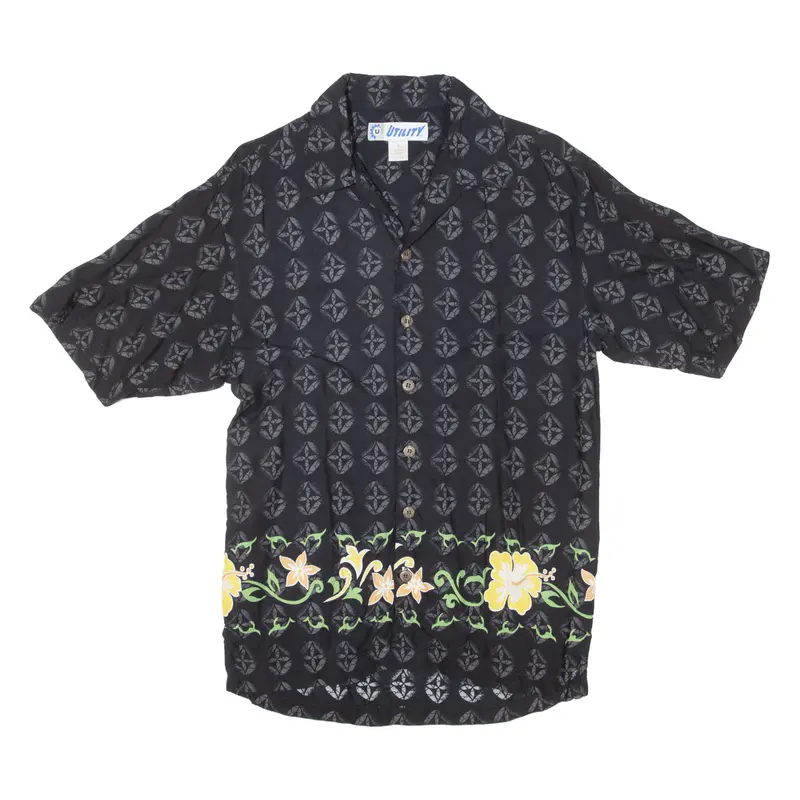 Utility Mens Hawaiian Shirt Black Crazy Pattern S 1