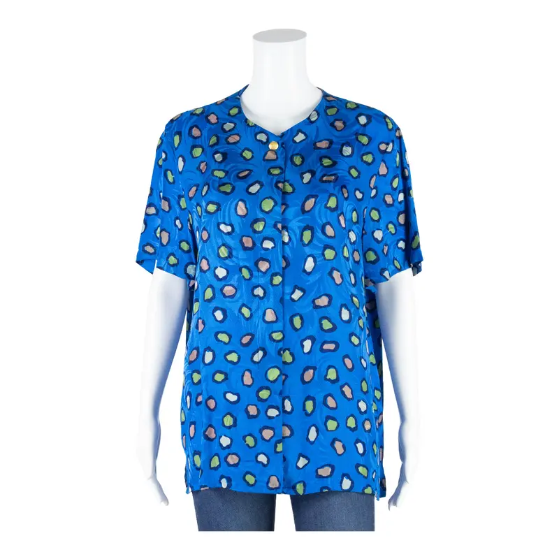 Valentine Womens Printed Blouse Blue Silk Animal Print M 1