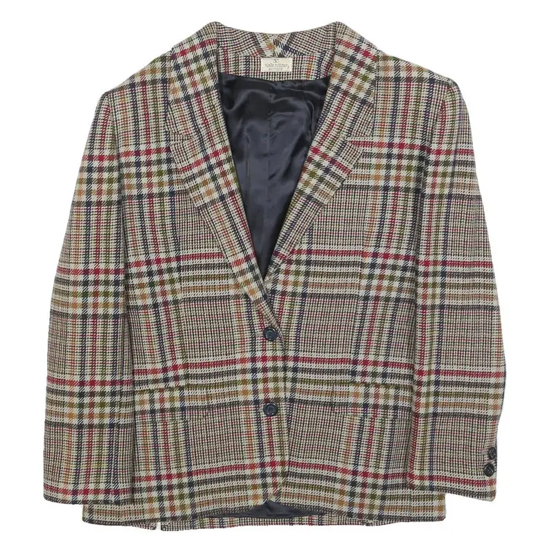 Valentino Womens Red Beige Check Blazer L Woven Button Jacket Classic Tailored 1