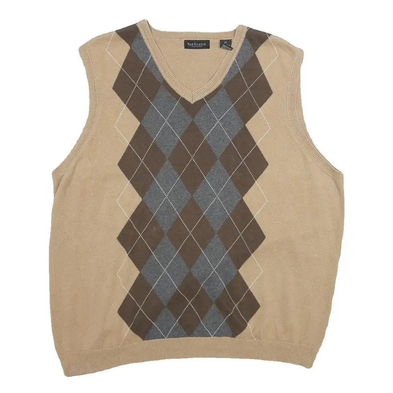 Van Heusen Mens Beige Brown Grey Argyle Pattern V-Neck Cotton Jumper Xl Classic 1