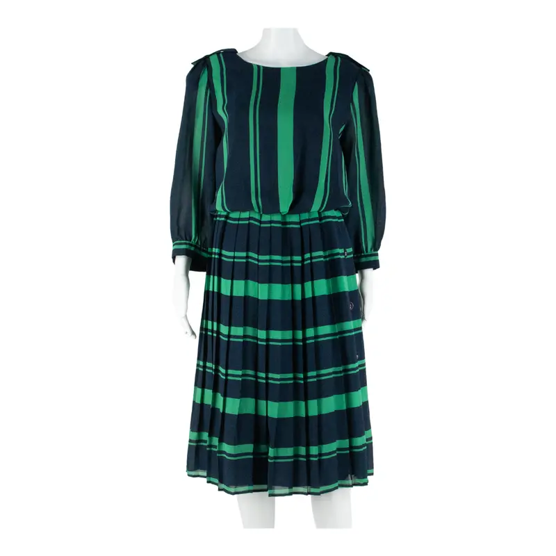 Veillon Womens Day Dress Blue Striped Long Sleeve Midi L 1