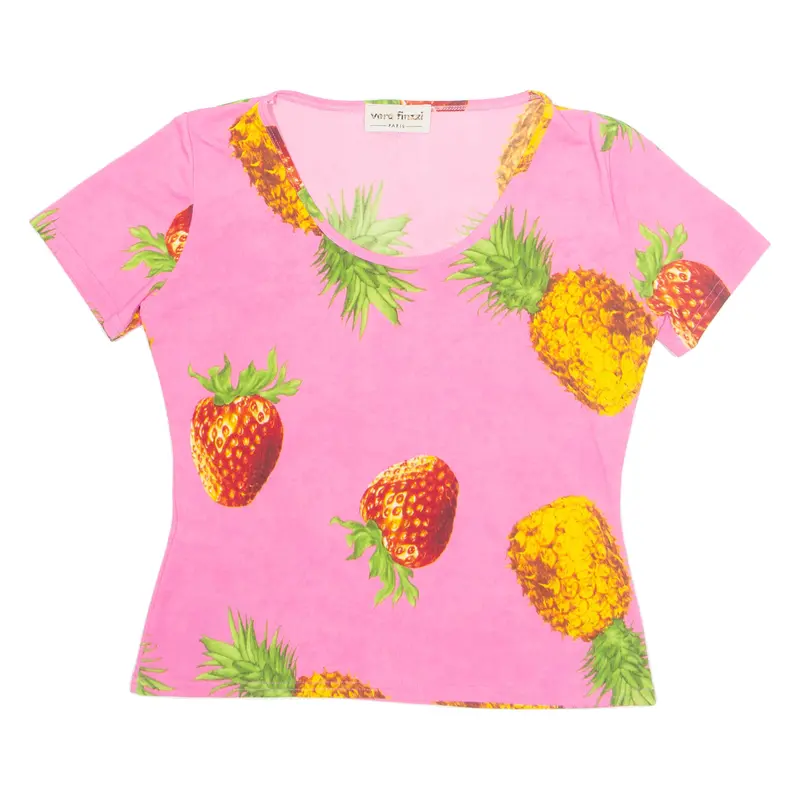 Vera Finzi Pineapple Strawberry Womens Printed Top Pink Crazy Pattern Xl 1