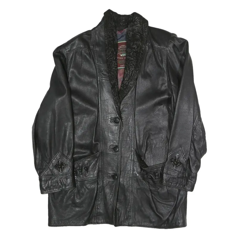 Vera Pelle Womens Black Faux Leather Button Jacket M Leather Plain Button 1