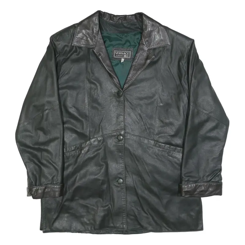 Versace Mens Black Leather Jacket L Leather Plain Button Closure Classic 1