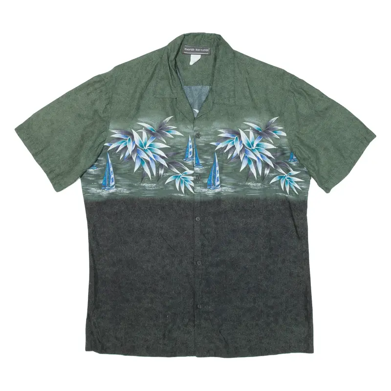 Vintage David Taylor Mens Hawaiian Shirt Green 90S Short Sleeve M 1