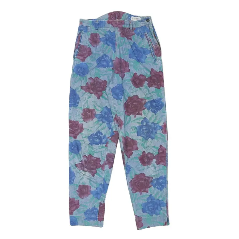 Vivace Womens Cotton Blend Blue & Maroon Floral Relaxed Trousers W26 L28 1