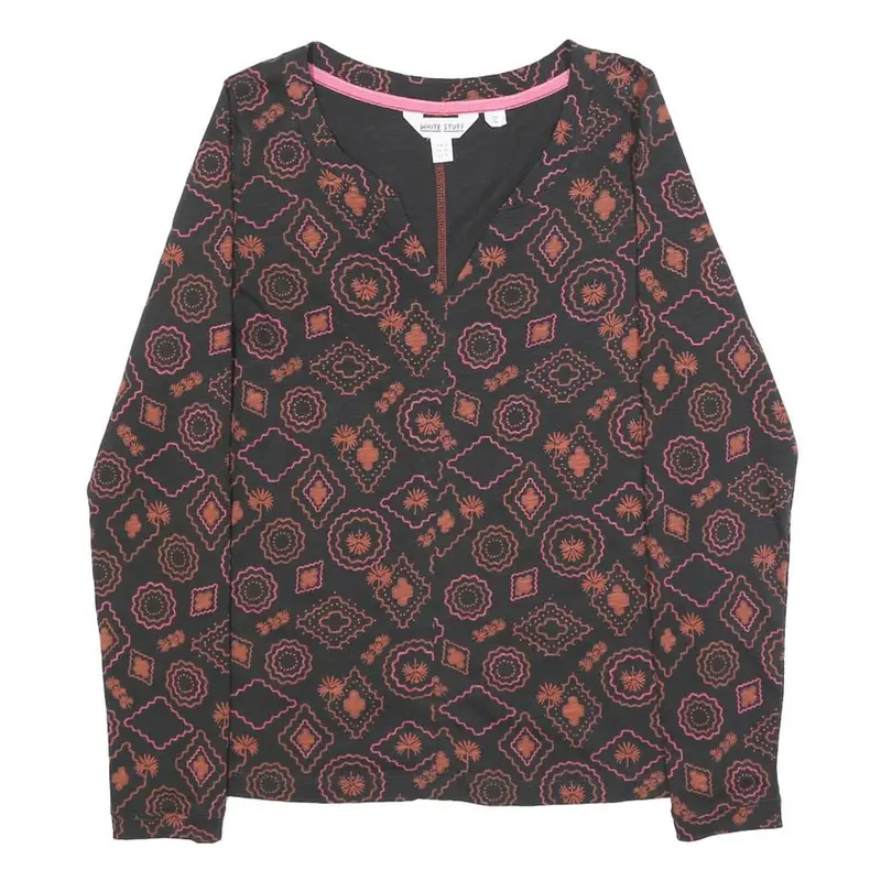 White Stuff Womens Black & Orange Printed Cotton Top Long Sleeve V-Neck Uk 8 1