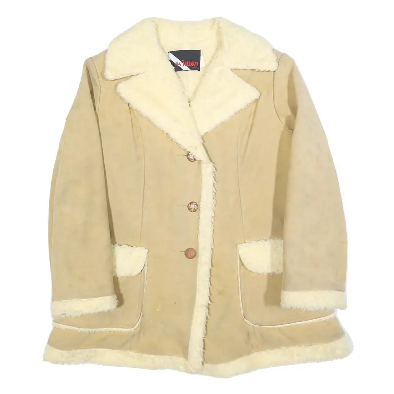 Wiman Womens Beige Faux Shearling Button Jacket L Suede Style Winter Coat 1
