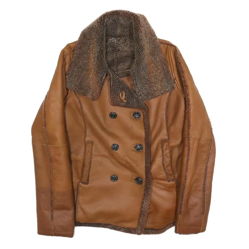 Windsor Womens Brown Leather Button Jacket Size S Shearling Trim Vintage Style 1