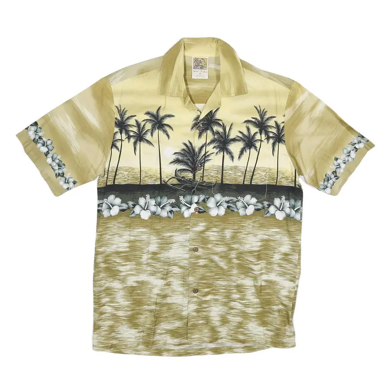 Winnie Fashion Mens Beige & Black Hawaiian Shirt M Summer Floral Cotton 1
