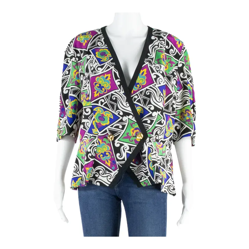 Wollen Hof Womens Printed Blouse Black V-Neck Silk Crazy Pattern M 1