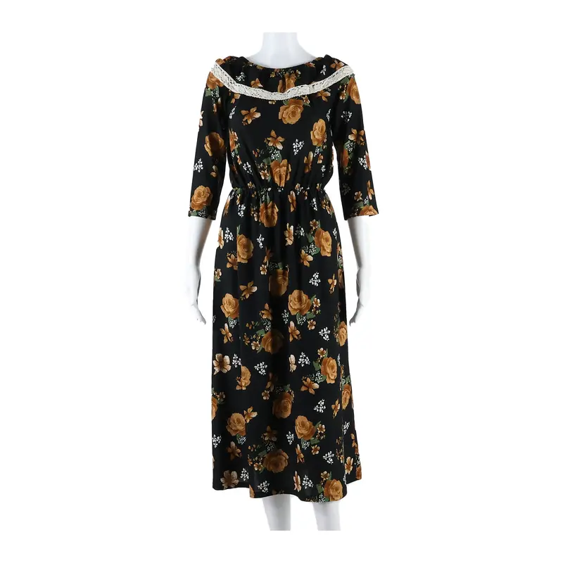 Womens A-Line Dress Black Floral Long Sleeve Long S 1