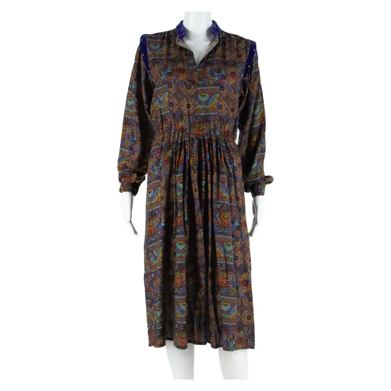 Womens A-Line Dress Brown 90S Crazy Pattern Long Sleeve Midi S 1