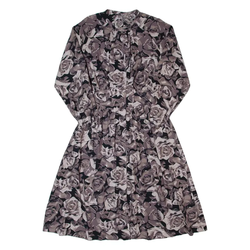 Womens A-Line Dress Grey 90S Floral Long Sleeve Long S 1