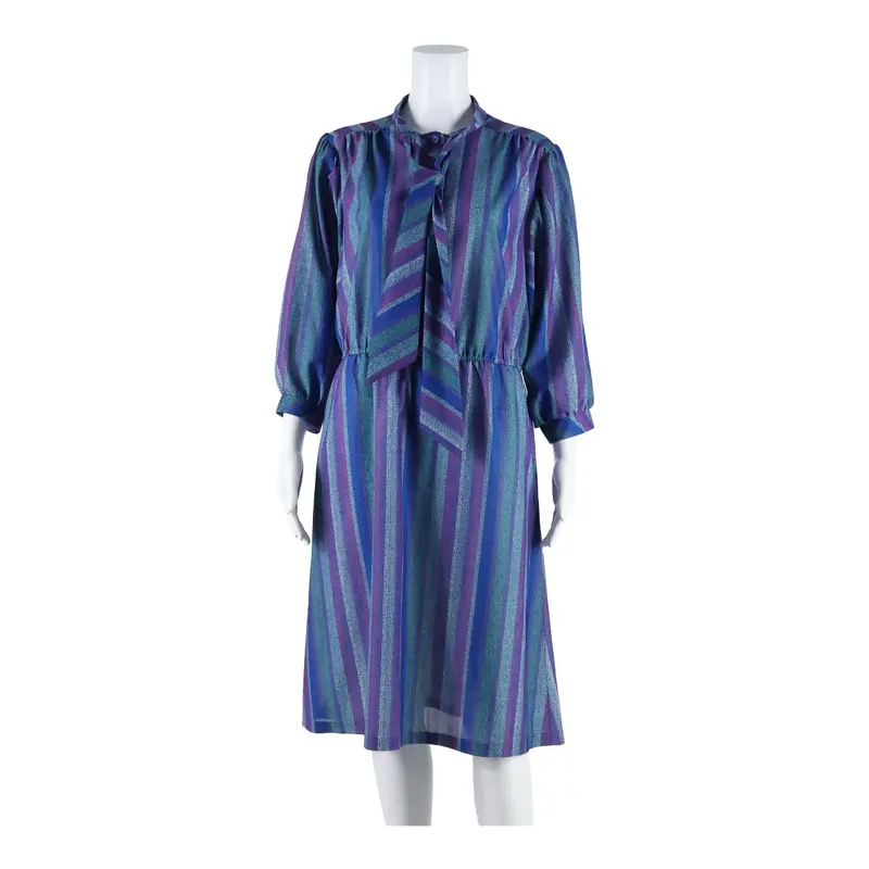 Womens A-Line Dress Purple Striped Long Sleeve Long M 1