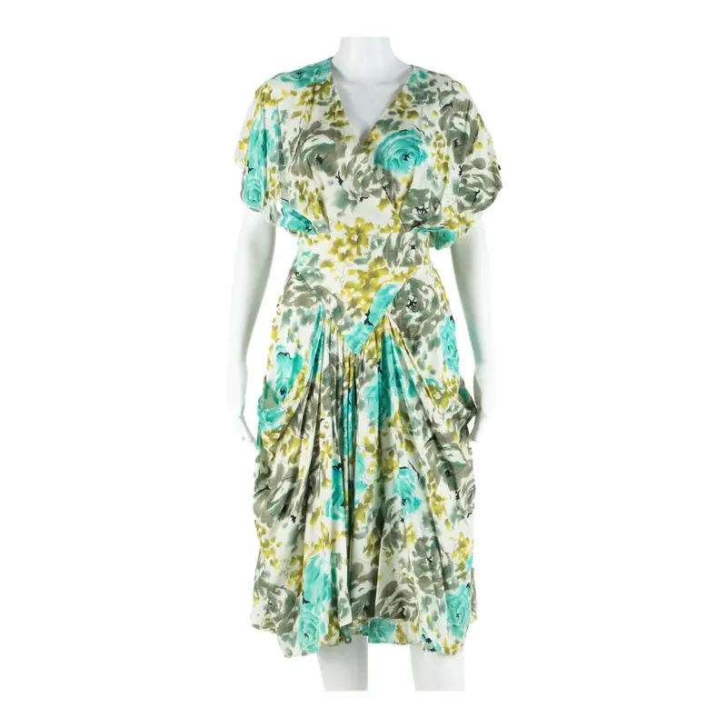 Womens A-Line Dress White Viscose 90S Floral Short Sleeve Midi S 1